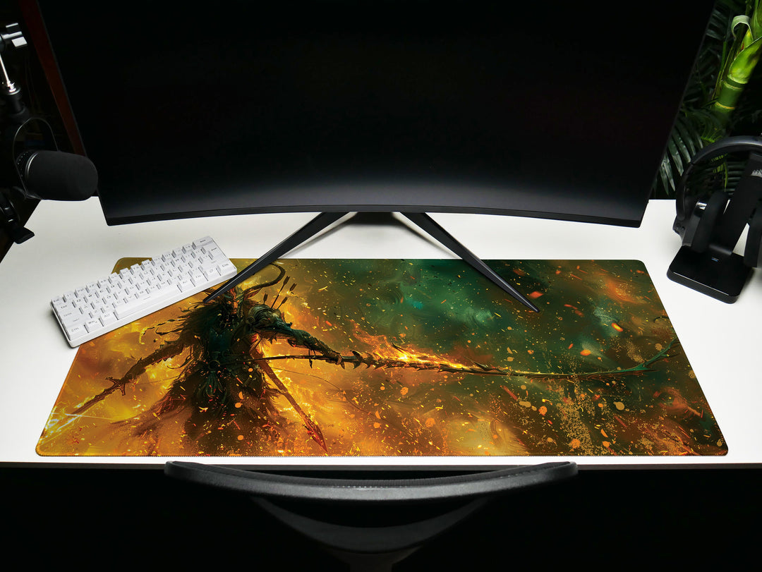 Fiery Battle Mage, Desk Pad, Mouse Pad, Desk Mat, Infernal Warrior, Flaming Spear, Intense Orange and Green, Dynamic Fantasy Art