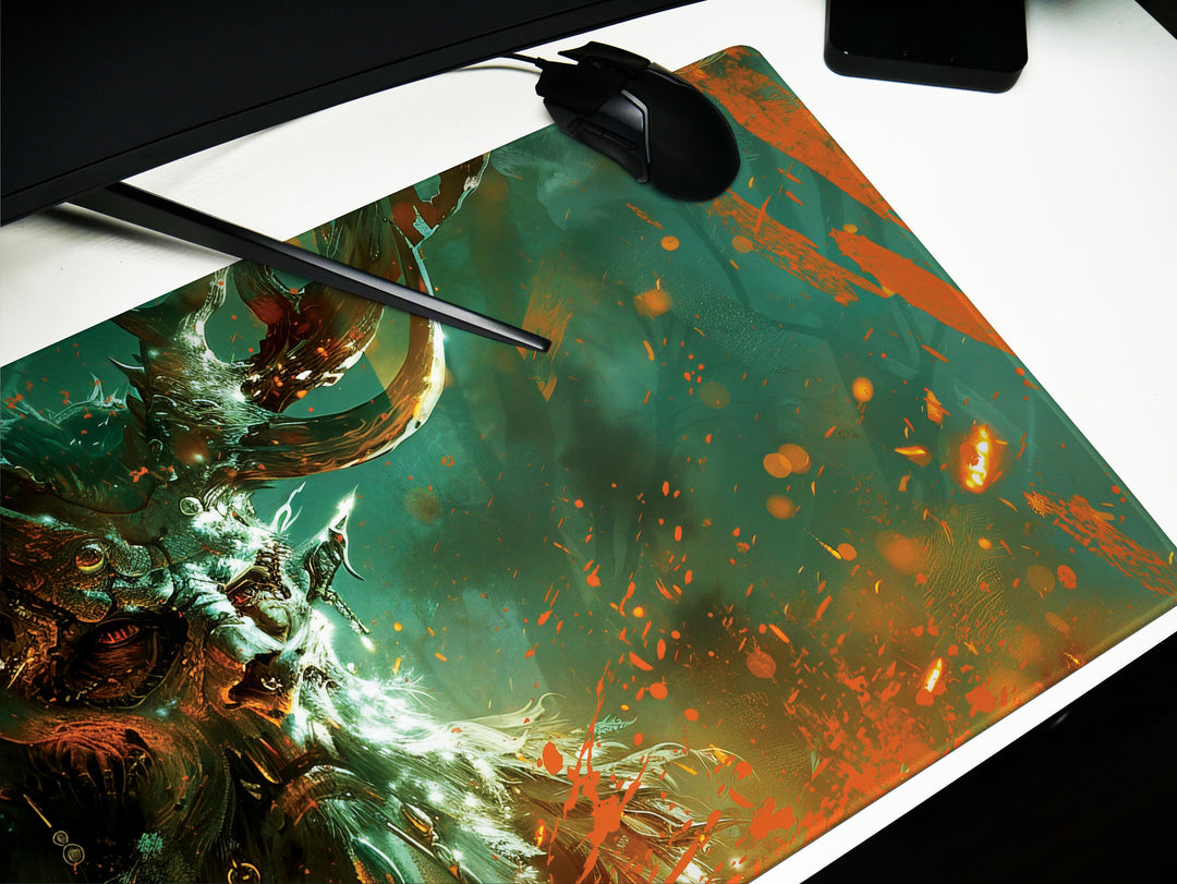 Ethereal Forest King, Desk Pad, Mouse Pad, Desk Mat, Majestic Antlered Elf, Mystical Green and Orange, Enchanted Realm Art