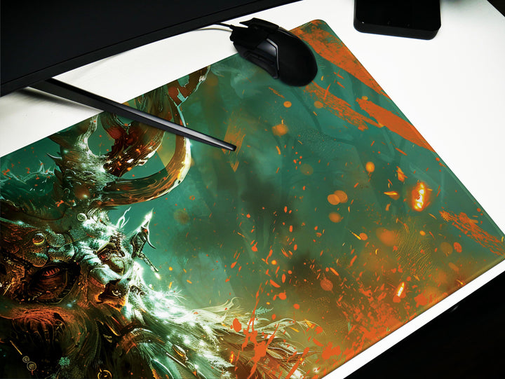 Ethereal Forest King, Desk Pad, Mouse Pad, Desk Mat, Majestic Antlered Elf, Mystical Green and Orange, Enchanted Realm Art
