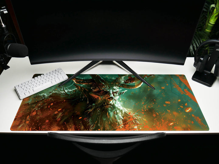 Ethereal Forest King, Desk Pad, Mouse Pad, Desk Mat, Majestic Antlered Elf, Mystical Green and Orange, Enchanted Realm Art