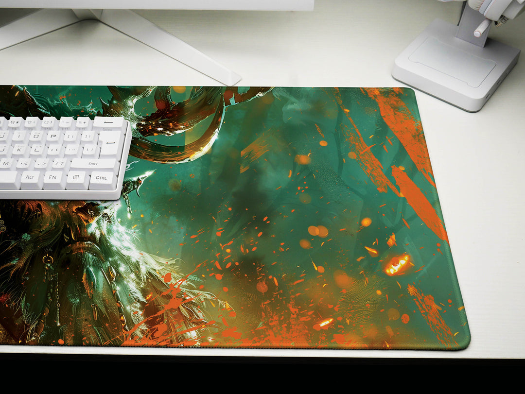 Ethereal Forest King, Desk Pad, Mouse Pad, Desk Mat, Majestic Antlered Elf, Mystical Green and Orange, Enchanted Realm Art