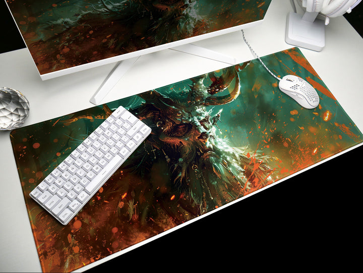 Ethereal Forest King, Desk Pad, Mouse Pad, Desk Mat, Majestic Antlered Elf, Mystical Green and Orange, Enchanted Realm Art