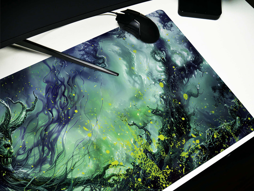 Spectral Enchanter, Desk Pad, Mouse Pad, Desk Mat, Ghostly Figure, Eerie Green and Black, Dark Fantasy Art, Enigmatic Presence