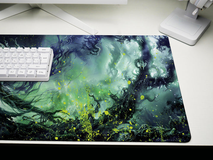 Spectral Enchanter, Desk Pad, Mouse Pad, Desk Mat, Ghostly Figure, Eerie Green and Black, Dark Fantasy Art, Enigmatic Presence