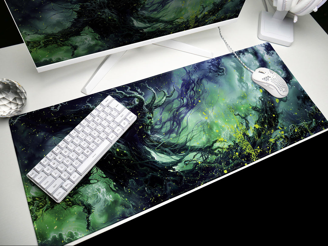 Spectral Enchanter, Desk Pad, Mouse Pad, Desk Mat, Ghostly Figure, Eerie Green and Black, Dark Fantasy Art, Enigmatic Presence