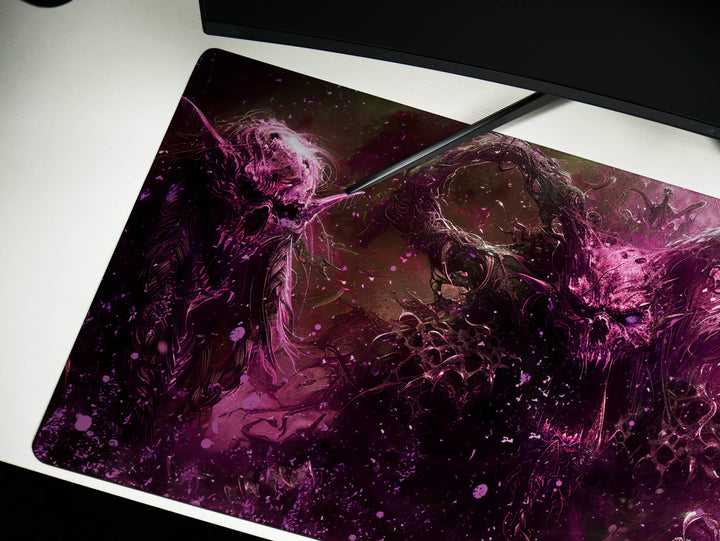 Demonic Triad, Desk Pad, Mouse Pad, Desk Mat, Sinister Purple and Black, Three-Headed Monster, Intense Fantasy Artwork
