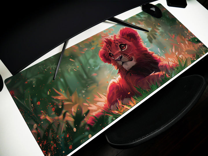 Enchanted Jungle Design 1, Desk Pad, Mouse Pad, Desk Mat, Baby Lion, Vibrant Colors, Forest Scene
