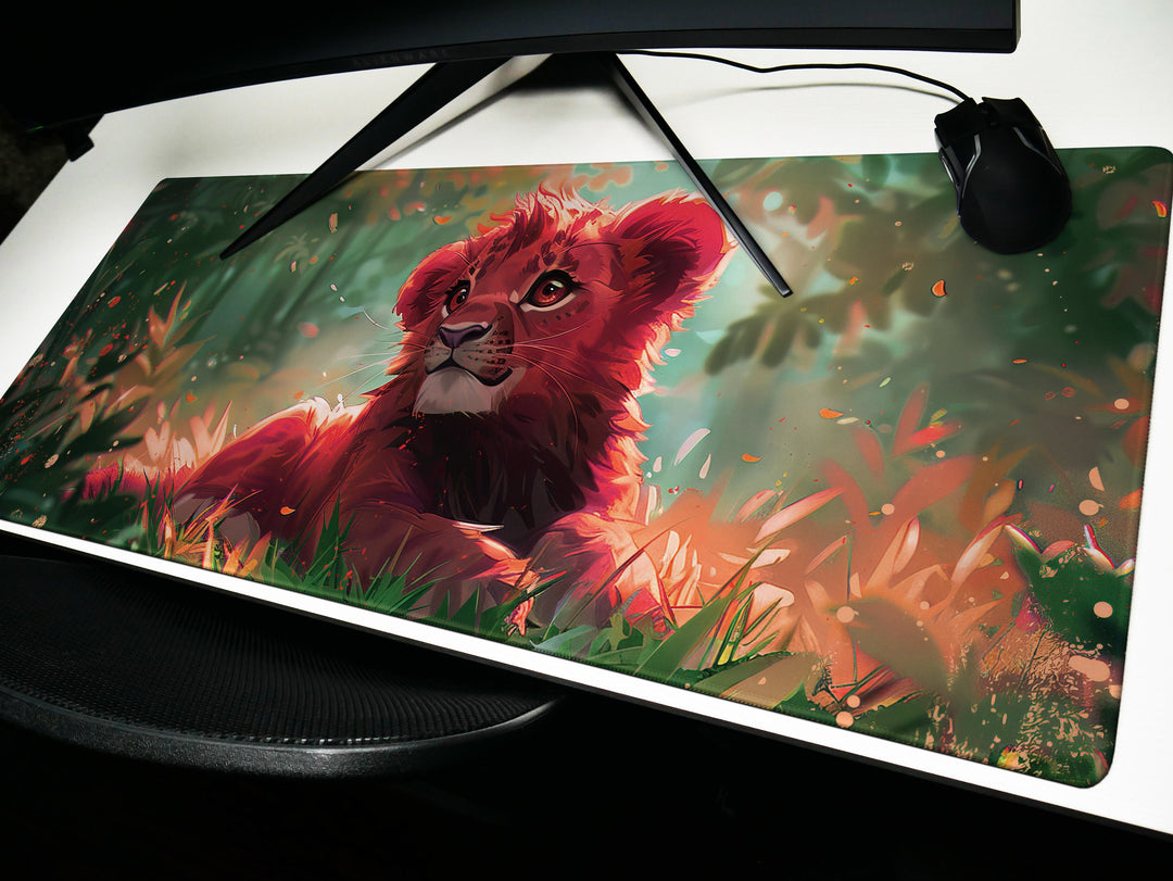 Enchanted Jungle Design 1, Desk Pad, Mouse Pad, Desk Mat, Baby Lion, Vibrant Colors, Forest Scene
