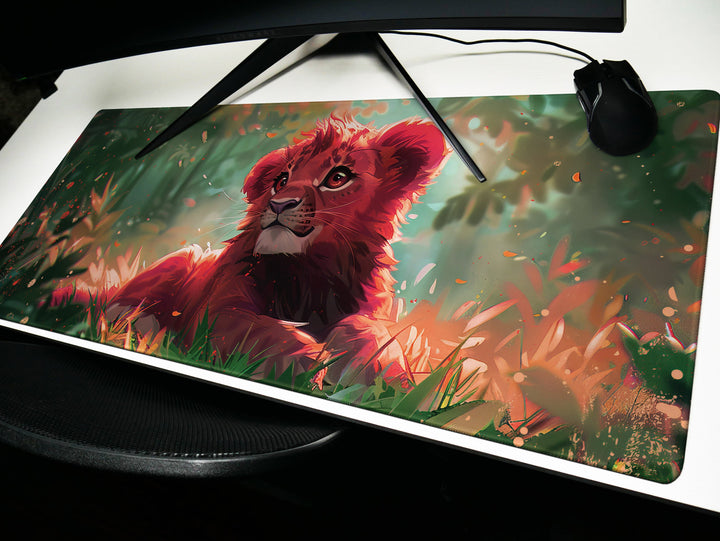 Enchanted Jungle Design 1, Desk Pad, Mouse Pad, Desk Mat, Baby Lion, Vibrant Colors, Forest Scene