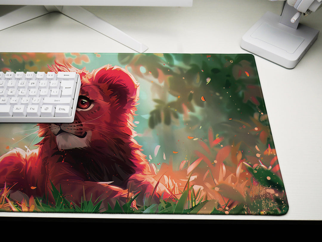 Enchanted Jungle Design 1, Desk Pad, Mouse Pad, Desk Mat, Baby Lion, Vibrant Colors, Forest Scene
