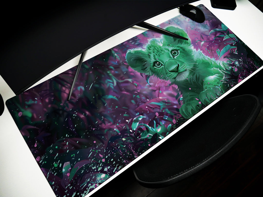 Enchanted Jungle Design 2, Desk Pad, Mouse Pad, Desk Mat, Green Baby Lion, Mystical Forest, Purple Hues