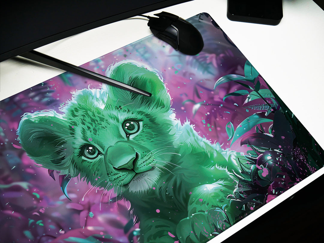 Enchanted Jungle Design 2, Desk Pad, Mouse Pad, Desk Mat, Green Baby Lion, Mystical Forest, Purple Hues