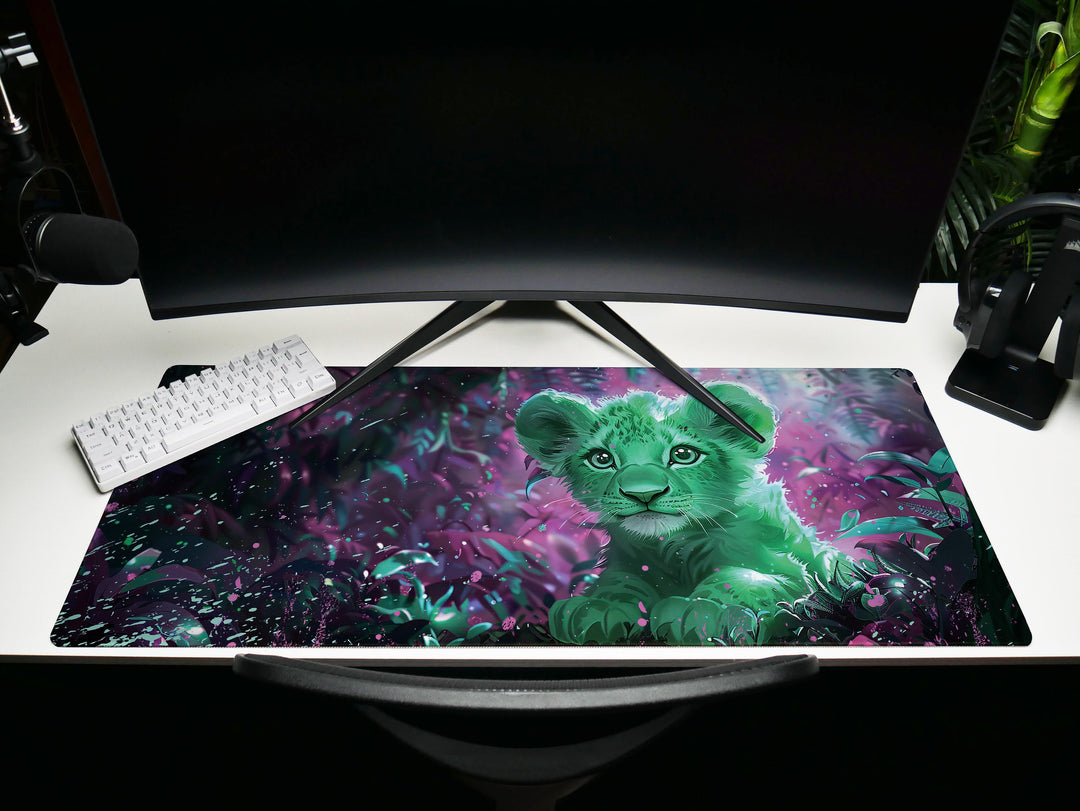 Enchanted Jungle Design 2, Desk Pad, Mouse Pad, Desk Mat, Green Baby Lion, Mystical Forest, Purple Hues