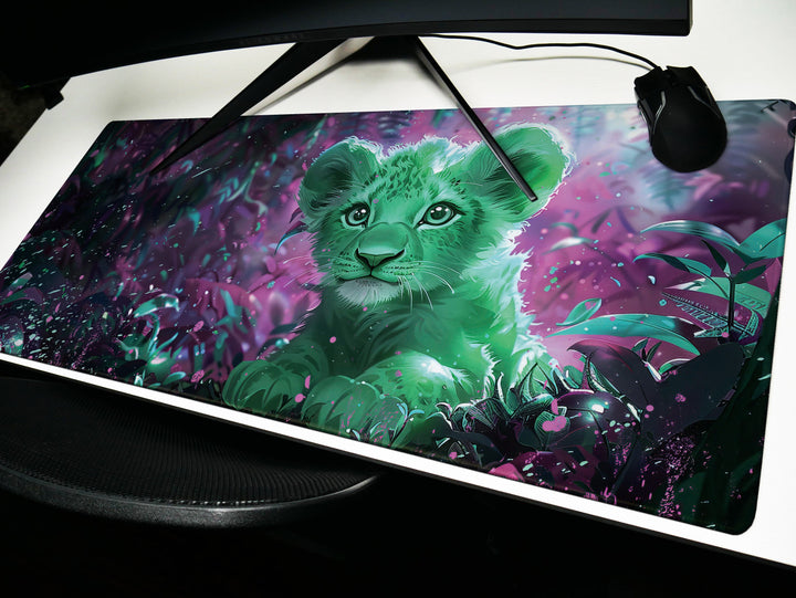 Enchanted Jungle Design 2, Desk Pad, Mouse Pad, Desk Mat, Green Baby Lion, Mystical Forest, Purple Hues