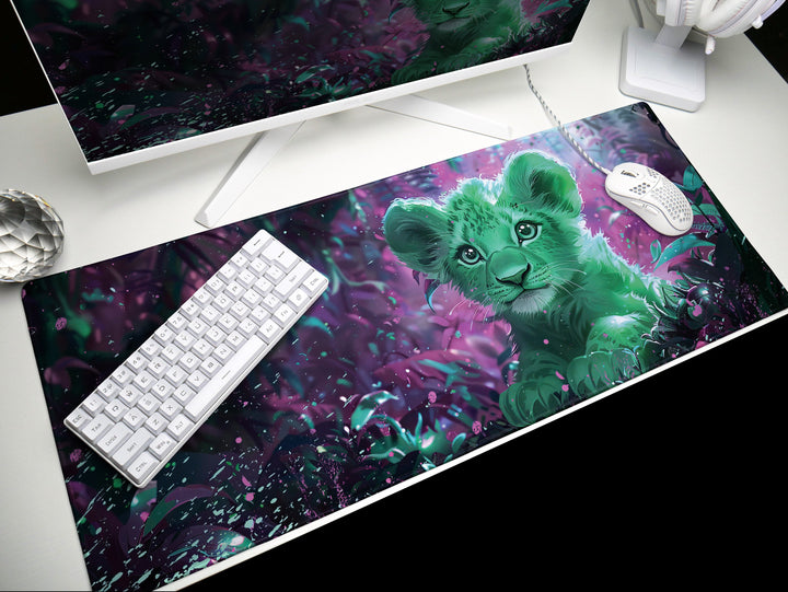 Enchanted Jungle Design 2, Desk Pad, Mouse Pad, Desk Mat, Green Baby Lion, Mystical Forest, Purple Hues