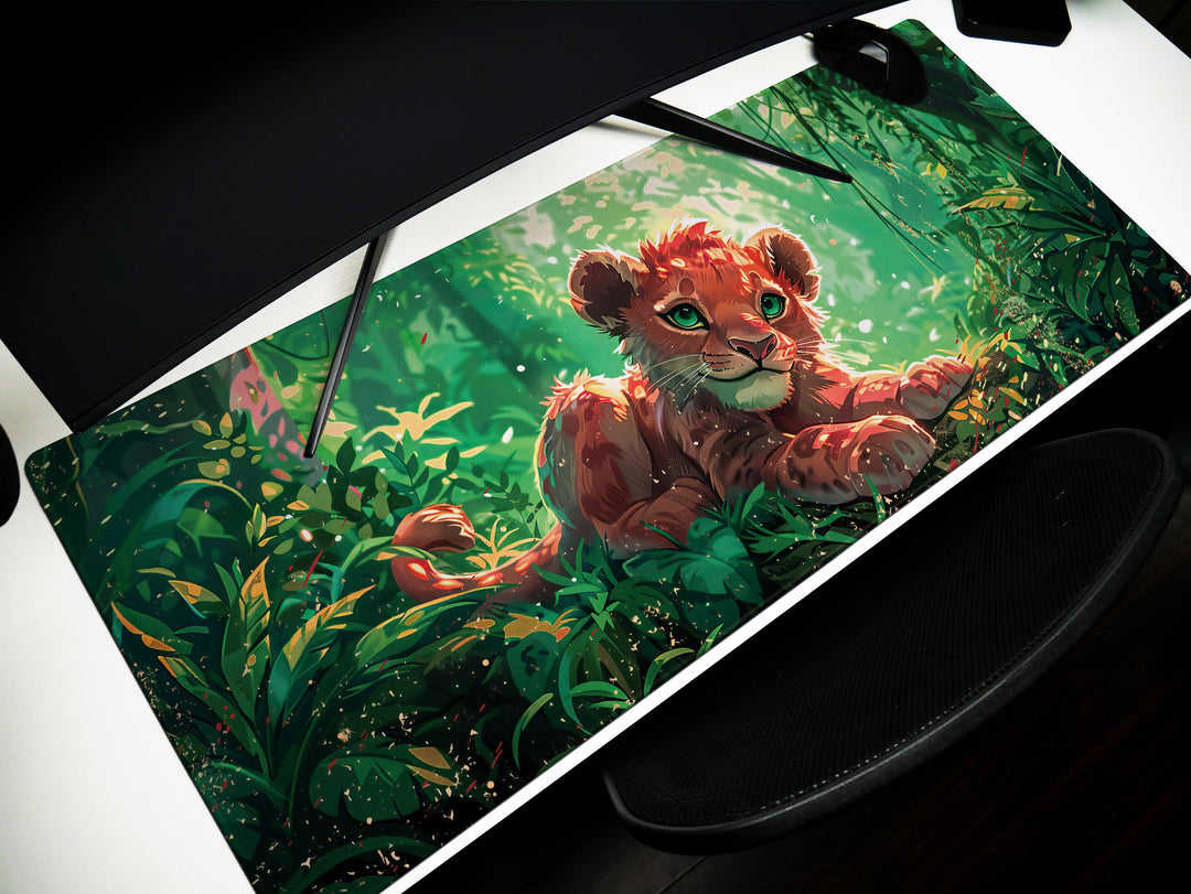 Enchanted Jungle Design 3, Desk Pad, Mouse Pad, Desk Mat, Baby Lion Cub, Lush Greenery, Nature Art