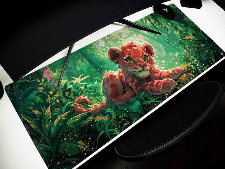 Enchanted Jungle Design 3, Desk Pad, Mouse Pad, Desk Mat, Baby Lion Cub, Lush Greenery, Nature Art