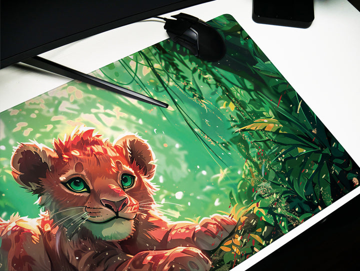 Enchanted Jungle Design 3, Desk Pad, Mouse Pad, Desk Mat, Baby Lion Cub, Lush Greenery, Nature Art