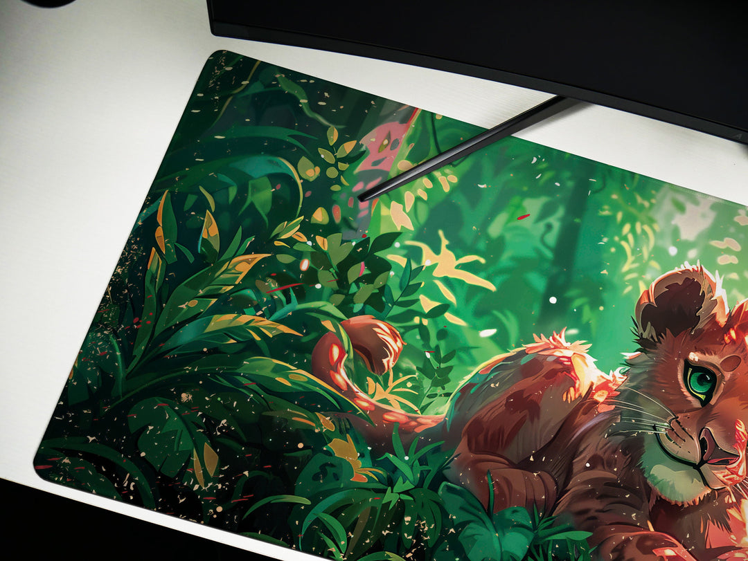 Enchanted Jungle Design 3, Desk Pad, Mouse Pad, Desk Mat, Baby Lion Cub, Lush Greenery, Nature Art