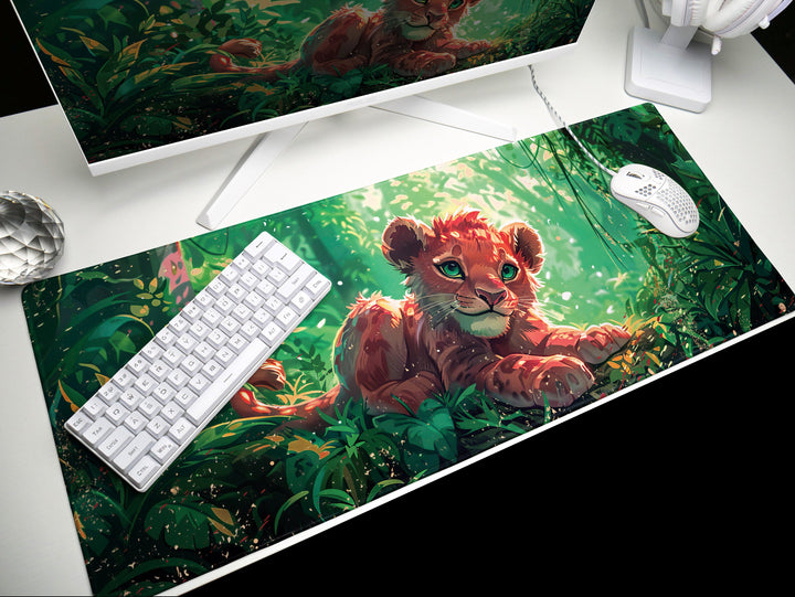 Enchanted Jungle Design 3, Desk Pad, Mouse Pad, Desk Mat, Baby Lion Cub, Lush Greenery, Nature Art
