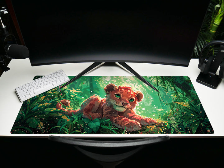 Enchanted Jungle Design 3, Desk Pad, Mouse Pad, Desk Mat, Baby Lion Cub, Lush Greenery, Nature Art