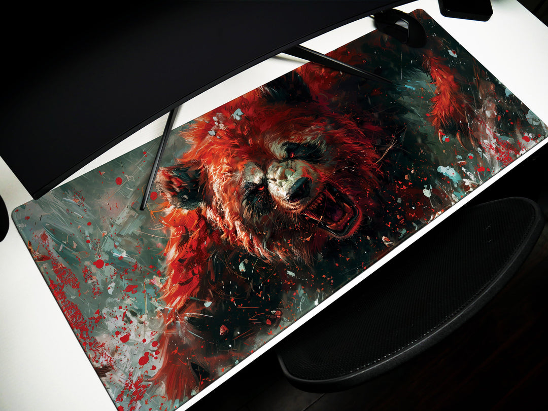Mighty Bear Guardians Design 2, Desk Pad, Mouse Pad, Desk Mat, Ferocious Bear Charge, Fiery Red Hues, Intense Energy