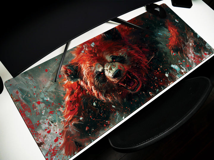 Mighty Bear Guardians Design 2, Desk Pad, Mouse Pad, Desk Mat, Ferocious Bear Charge, Fiery Red Hues, Intense Energy