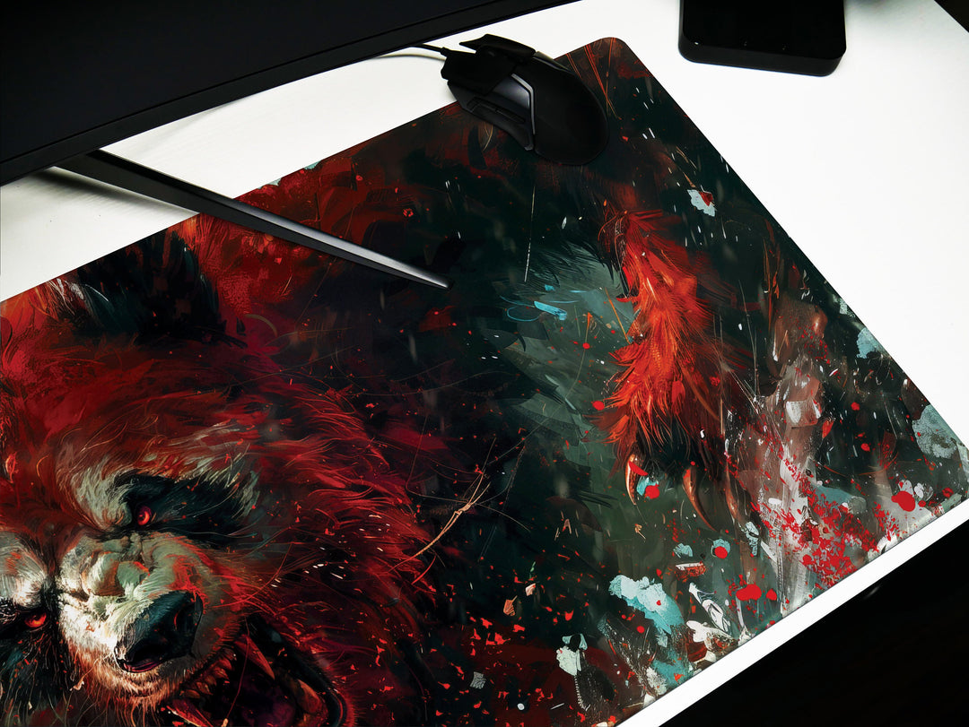 Mighty Bear Guardians Design 2, Desk Pad, Mouse Pad, Desk Mat, Ferocious Bear Charge, Fiery Red Hues, Intense Energy