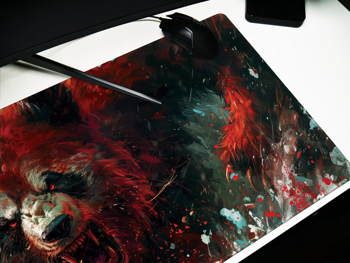 Mighty Bear Guardians Design 2, Desk Pad, Mouse Pad, Desk Mat, Ferocious Bear Charge, Fiery Red Hues, Intense Energy