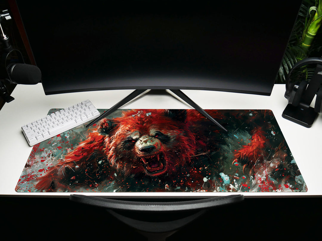 Mighty Bear Guardians Design 2, Desk Pad, Mouse Pad, Desk Mat, Ferocious Bear Charge, Fiery Red Hues, Intense Energy