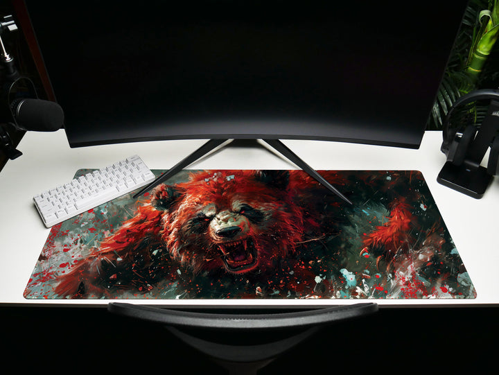 Mighty Bear Guardians Design 2, Desk Pad, Mouse Pad, Desk Mat, Ferocious Bear Charge, Fiery Red Hues, Intense Energy