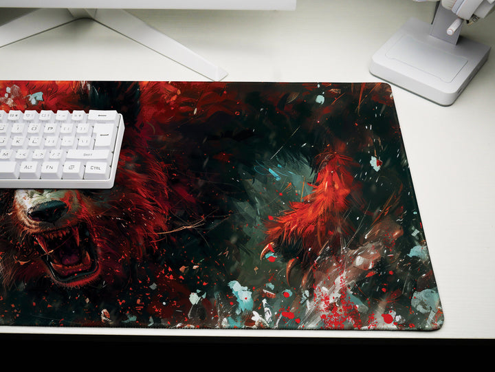 Mighty Bear Guardians Design 2, Desk Pad, Mouse Pad, Desk Mat, Ferocious Bear Charge, Fiery Red Hues, Intense Energy