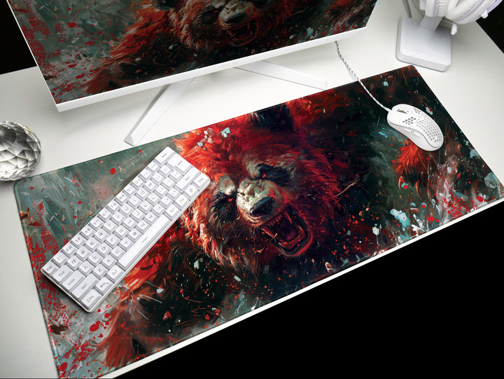 Mighty Bear Guardians Design 2, Desk Pad, Mouse Pad, Desk Mat, Ferocious Bear Charge, Fiery Red Hues, Intense Energy