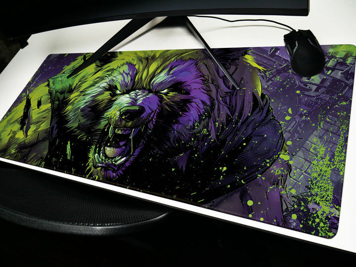 Mighty Bear Guardians Design 3, Desk Pad, Mouse Pad, Desk Mat, Radiant Bear Portrait, Vibrant Green and Purple, Bold Art