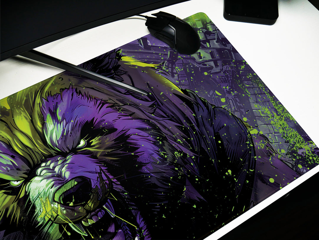 Mighty Bear Guardians Design 3, Desk Pad, Mouse Pad, Desk Mat, Radiant Bear Portrait, Vibrant Green and Purple, Bold Art