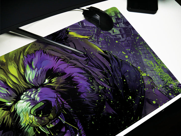 Mighty Bear Guardians Design 3, Desk Pad, Mouse Pad, Desk Mat, Radiant Bear Portrait, Vibrant Green and Purple, Bold Art