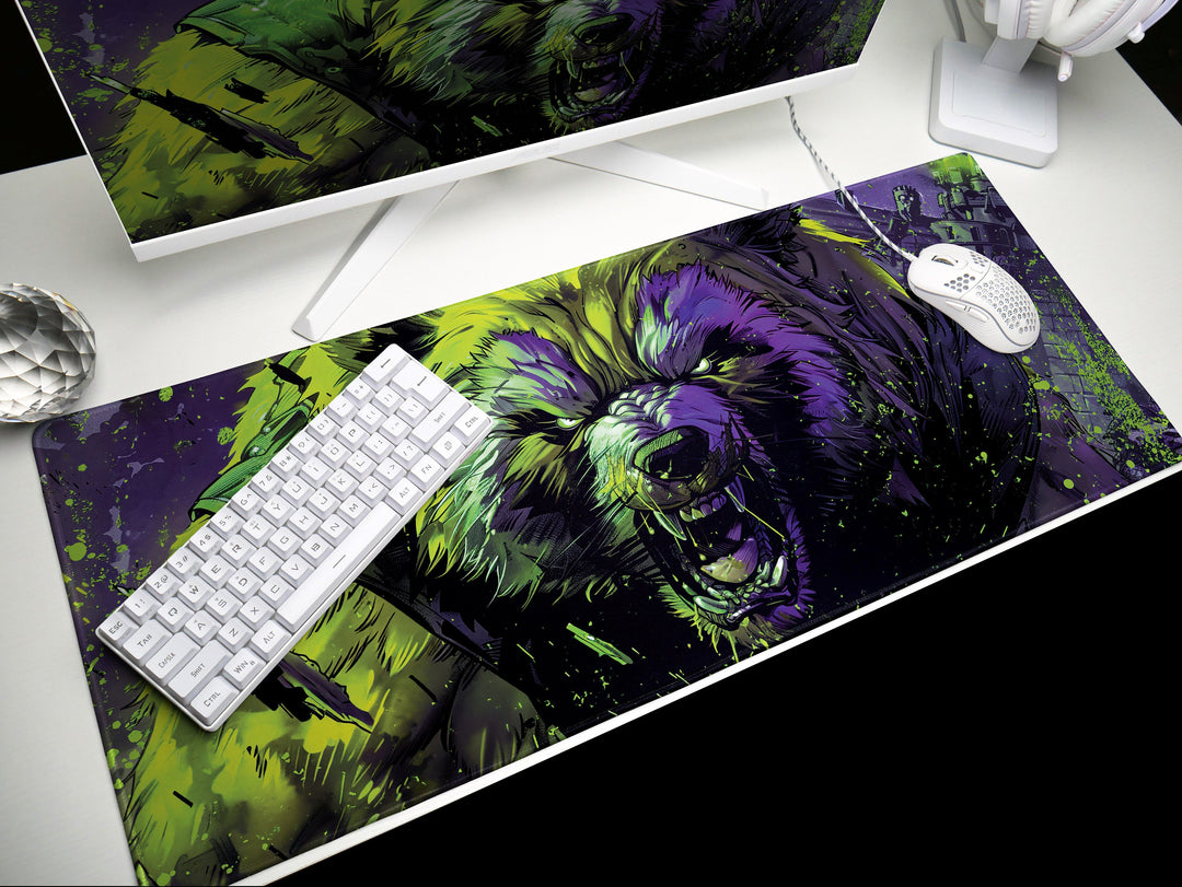 Mighty Bear Guardians Design 3, Desk Pad, Mouse Pad, Desk Mat, Radiant Bear Portrait, Vibrant Green and Purple, Bold Art