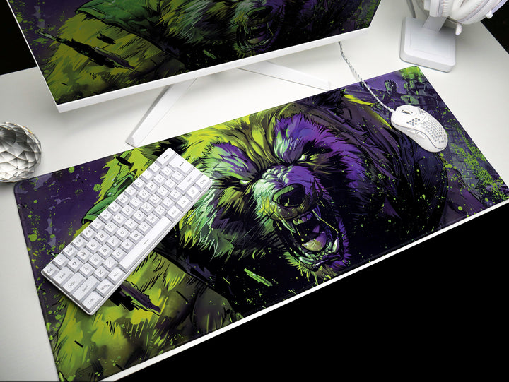 Mighty Bear Guardians Design 3, Desk Pad, Mouse Pad, Desk Mat, Radiant Bear Portrait, Vibrant Green and Purple, Bold Art
