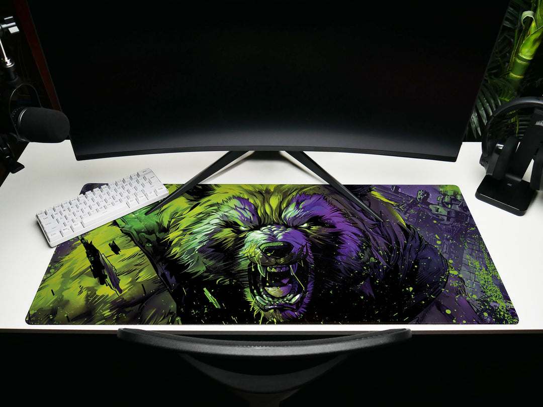 Mighty Bear Guardians Design 3, Desk Pad, Mouse Pad, Desk Mat, Radiant Bear Portrait, Vibrant Green and Purple, Bold Art