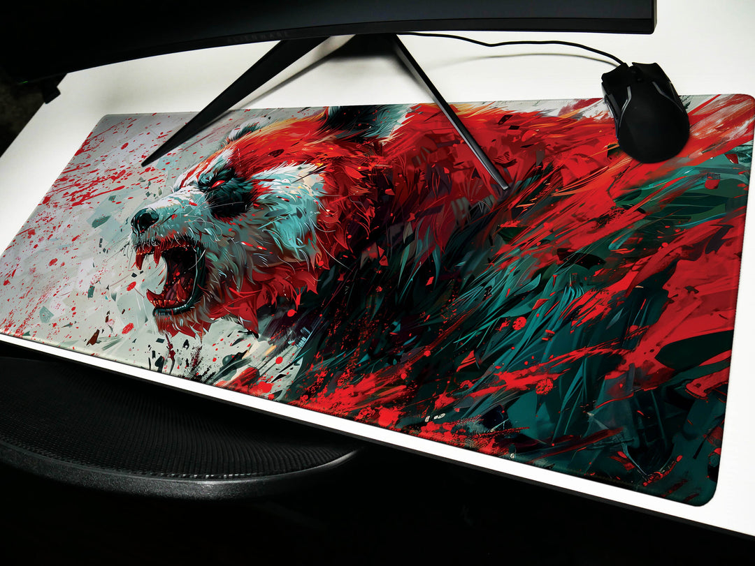Mighty Bear Guardians Design 4, Desk Pad, Mouse Pad, Desk Mat, Fiery Bear Roar, Explosive Red and White, Dynamic Energy