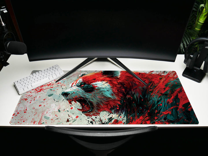 Mighty Bear Guardians Design 4, Desk Pad, Mouse Pad, Desk Mat, Fiery Bear Roar, Explosive Red and White, Dynamic Energy