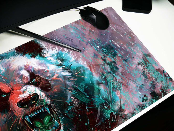 Mighty Bear Guardians Design 5, Desk Pad, Mouse Pad, Desk Mat, Majestic Bear Fury, Vibrant Teal and Red, Powerful Art