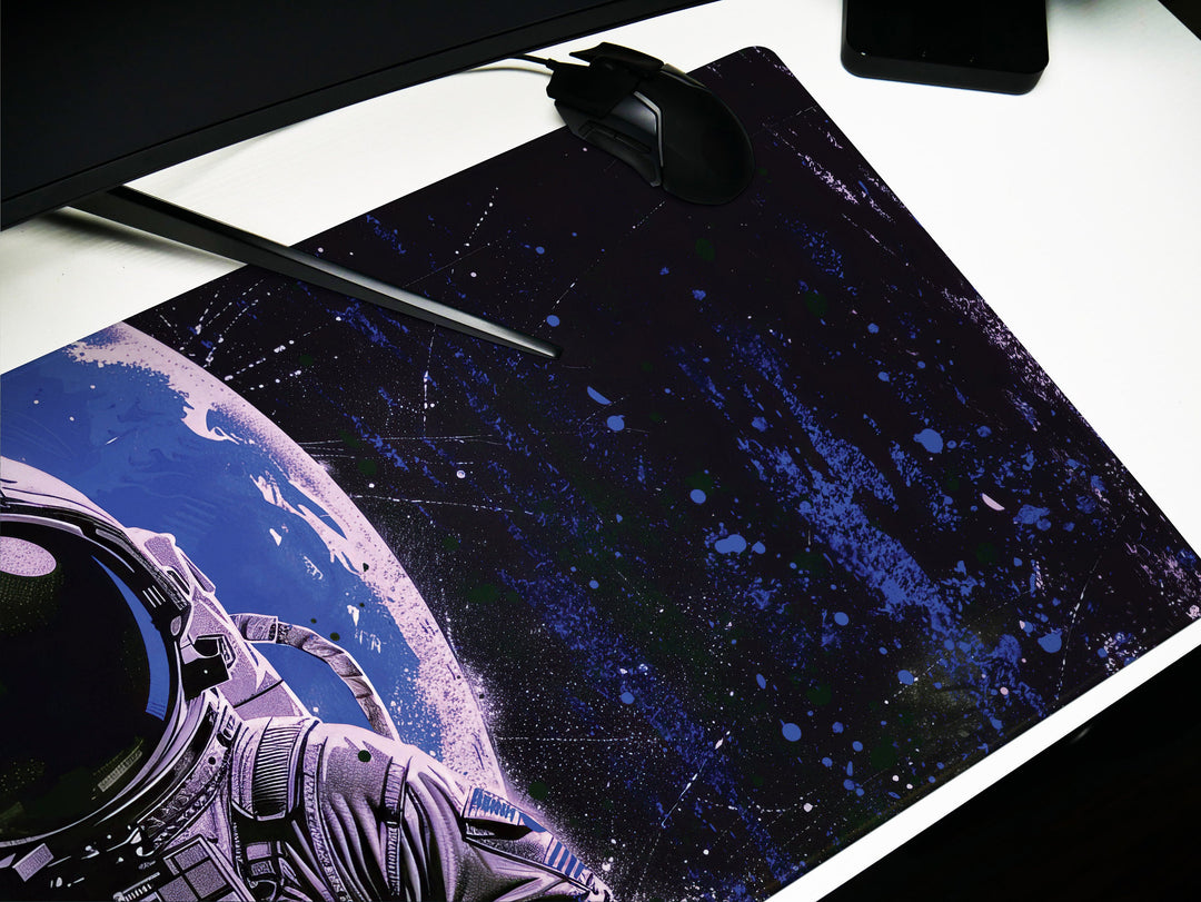 Astronaut in Space, Desk Pad, Mouse Pad, Desk Mat, Celestial Adventure, Cosmic Exploration, Blue and Black Theme