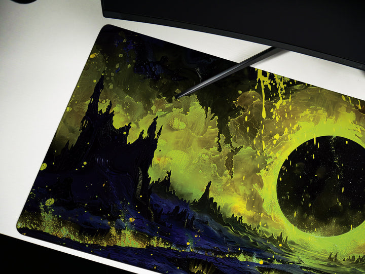 The Gate of Hell, Desk Pad, Mouse Pad, Desk Mat, Dark Fantasy Landscape, Apocalyptic Scene, Yellow and Black