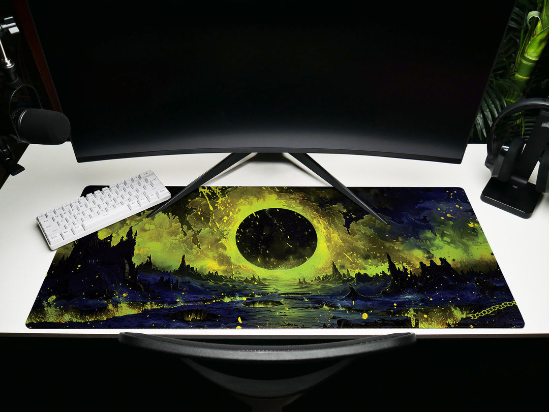 The Gate of Hell, Desk Pad, Mouse Pad, Desk Mat, Dark Fantasy Landscape, Apocalyptic Scene, Yellow and Black