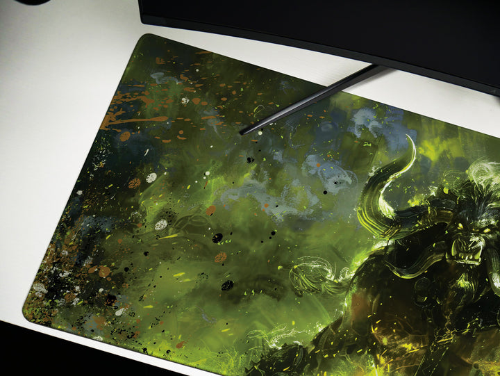 Demonic Inferno Design 1, Desk Pad, Mouse Pad, Desk Mat, Fierce Horned Beast, Vivid Green Flames, Dark Fantasy Art