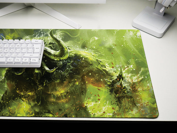 Demonic Inferno Design 1, Desk Pad, Mouse Pad, Desk Mat, Fierce Horned Beast, Vivid Green Flames, Dark Fantasy Art