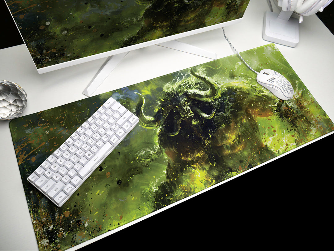 Demonic Inferno Design 1, Desk Pad, Mouse Pad, Desk Mat, Fierce Horned Beast, Vivid Green Flames, Dark Fantasy Art