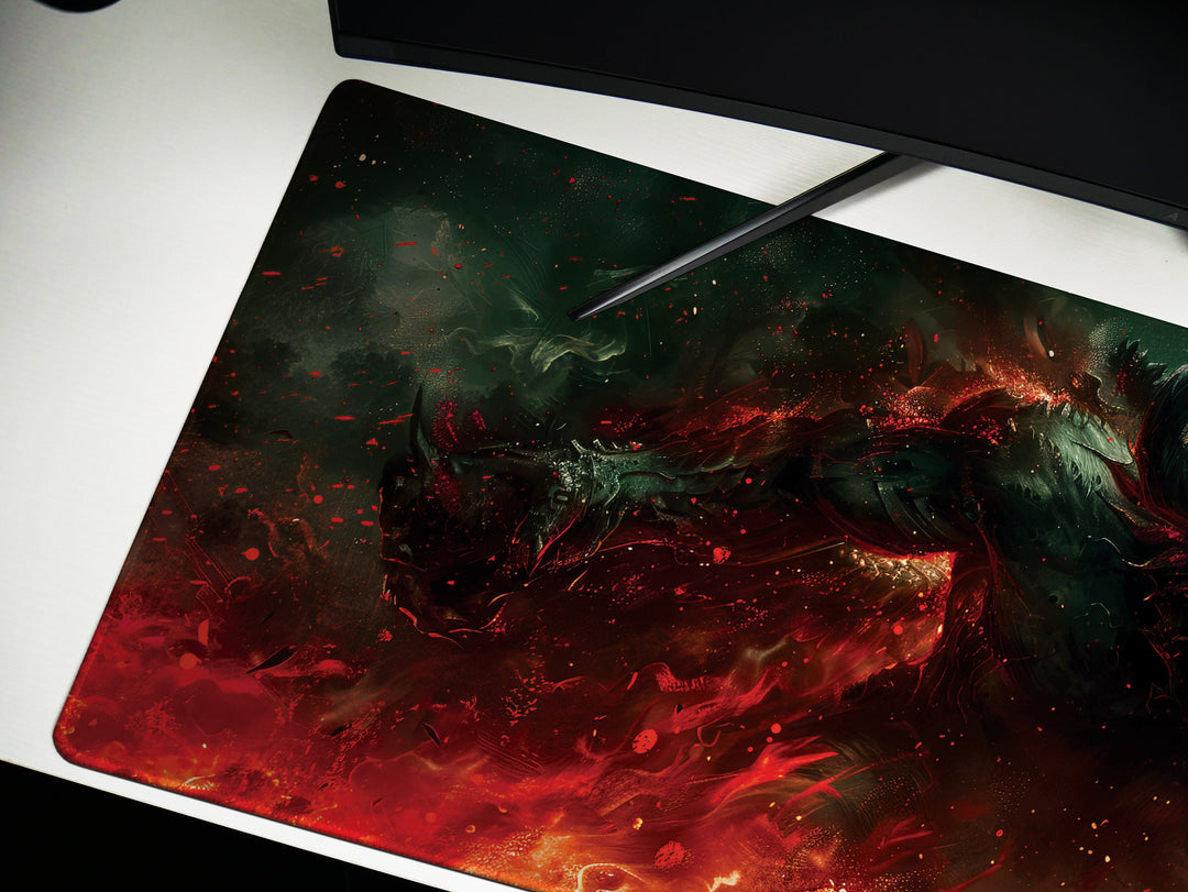 Demonic Inferno Design 2, Desk Pad, Mouse Pad, Desk Mat, Fiery Dark Creature, Red and Green Hues, Fantasy Horror Art