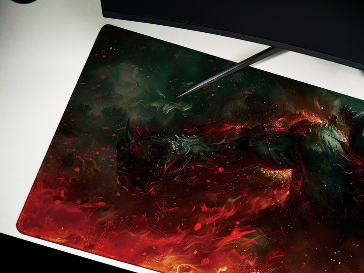 Demonic Inferno Design 2, Desk Pad, Mouse Pad, Desk Mat, Fiery Dark Creature, Red and Green Hues, Fantasy Horror Art